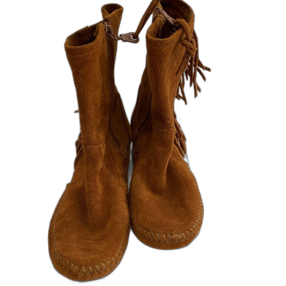 Minnetonka Moccasins Women’s Size 7 Brown Fringe Zipper Side Suede #1372